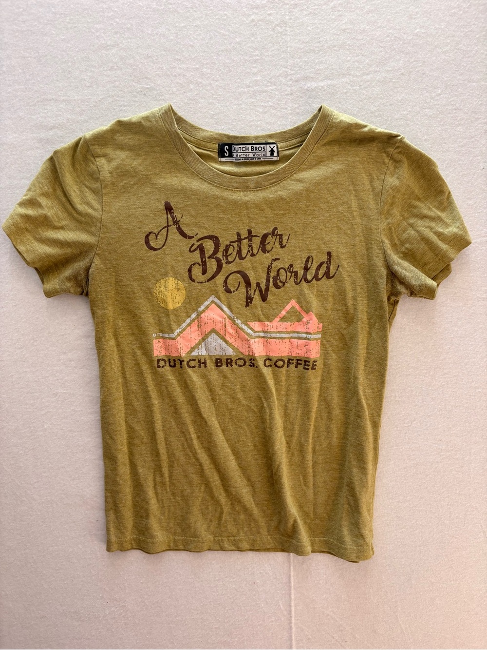 Dutch Bros Olive Green 'A Better World' Graphic Tee with Pink Accent